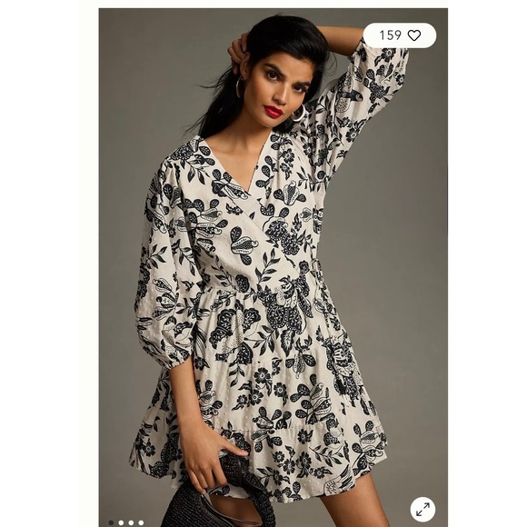 FARM Rio Dresses & Skirts - Farm Rio Anthropologie Black White Floral Bird Swiss Dot Wrap Mini Dress Small
